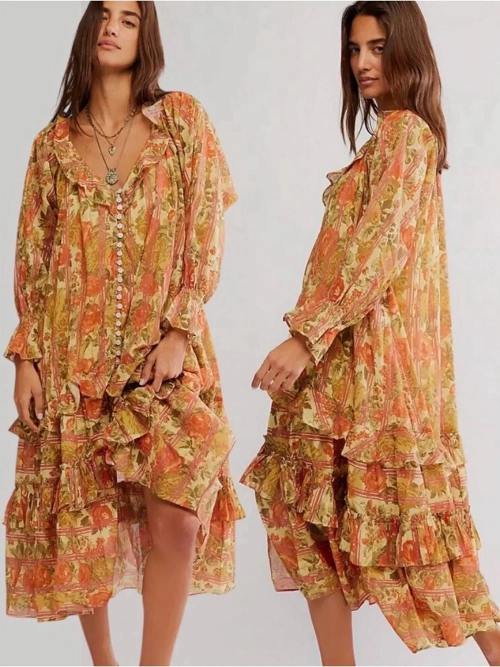 Free People Garden Wonders Tiered Midi Dress Retro 70’s Bohemian Floral Large - Picture 2 of 9